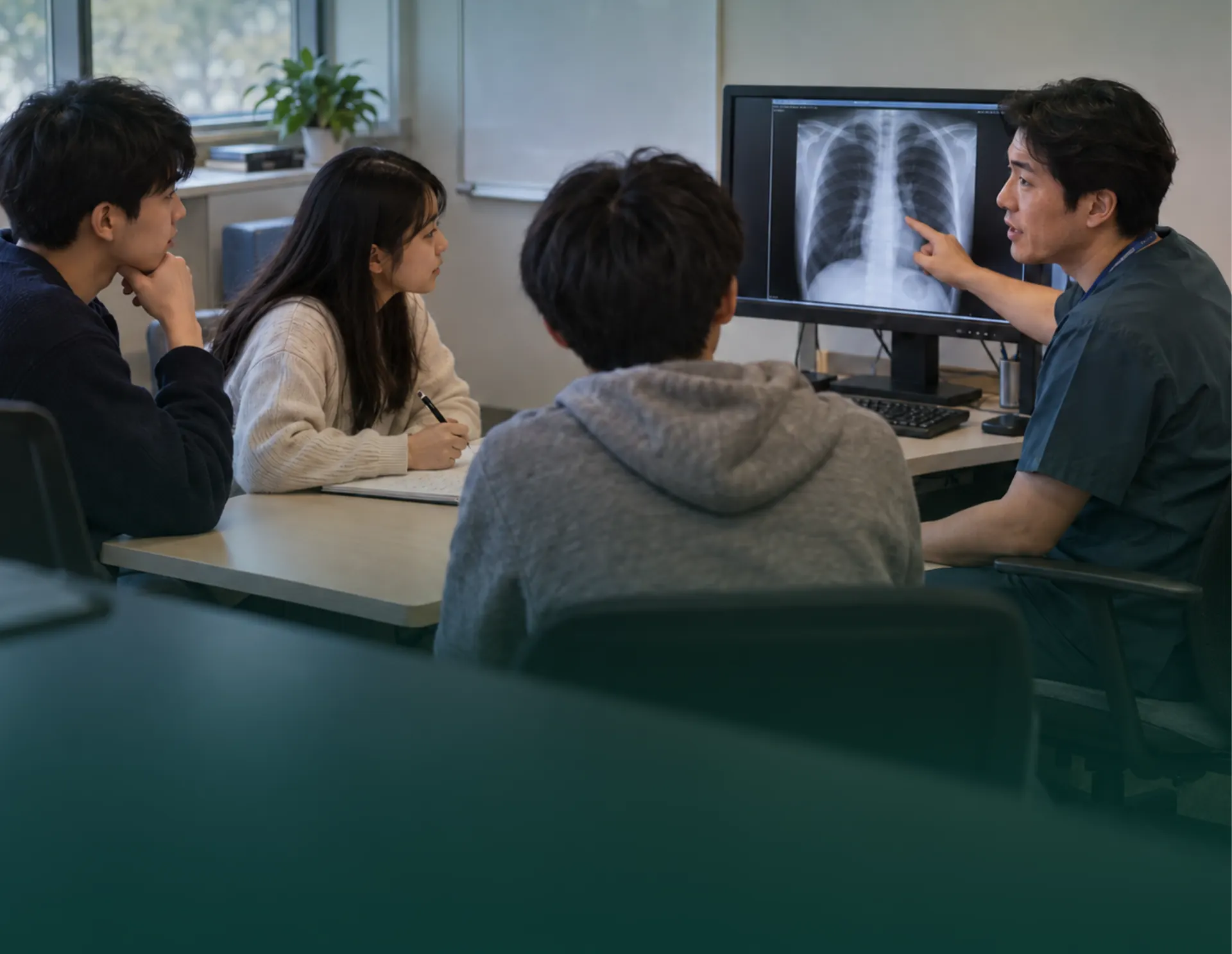 A clinician explaining a chest X-ray to students