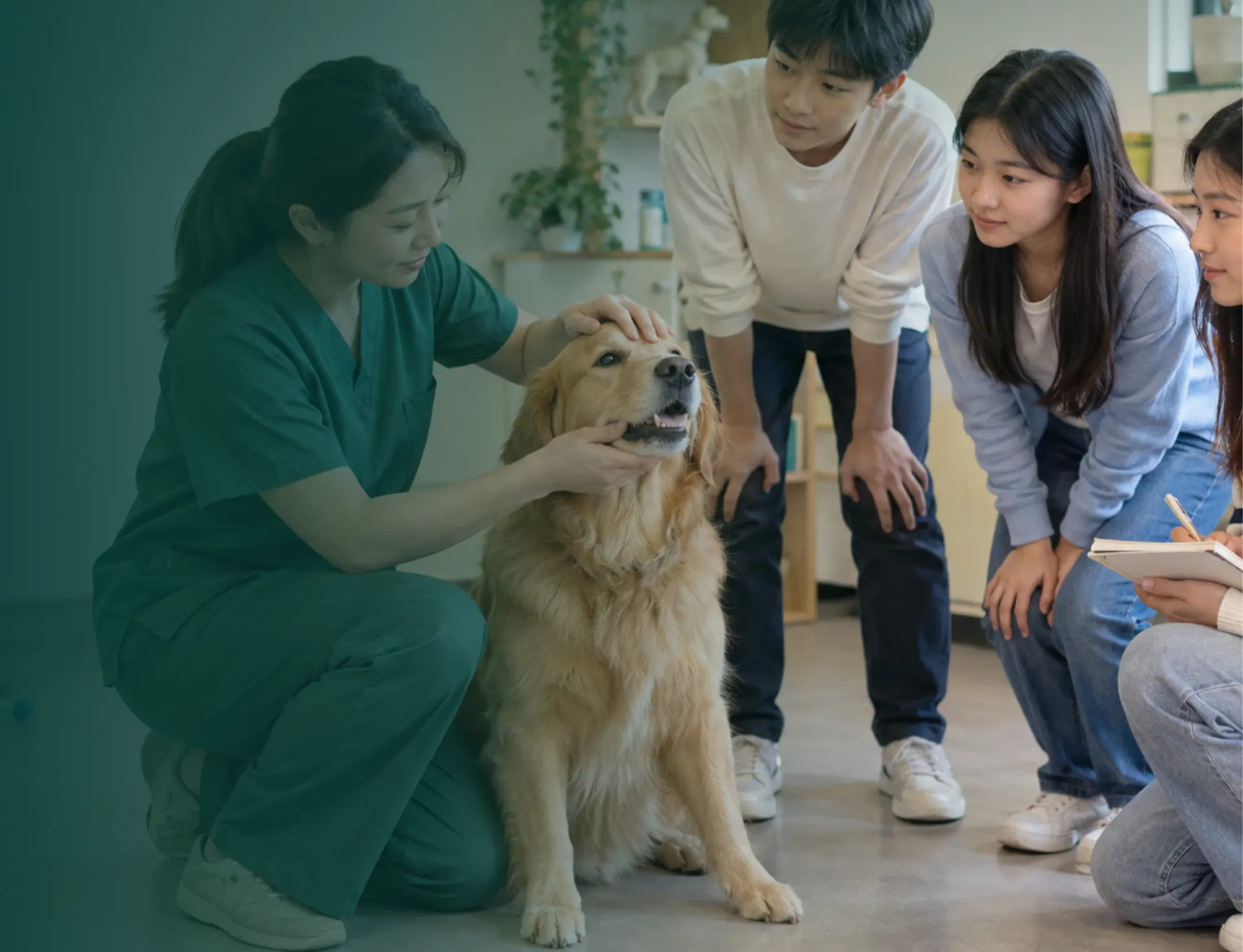 A vet showing a golden retriever to a group of students