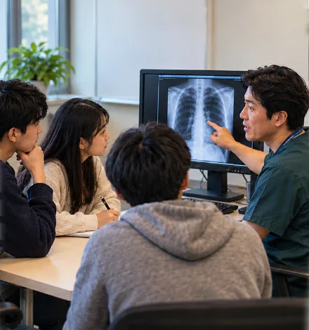 A clinician explaining a chest X-ray to students