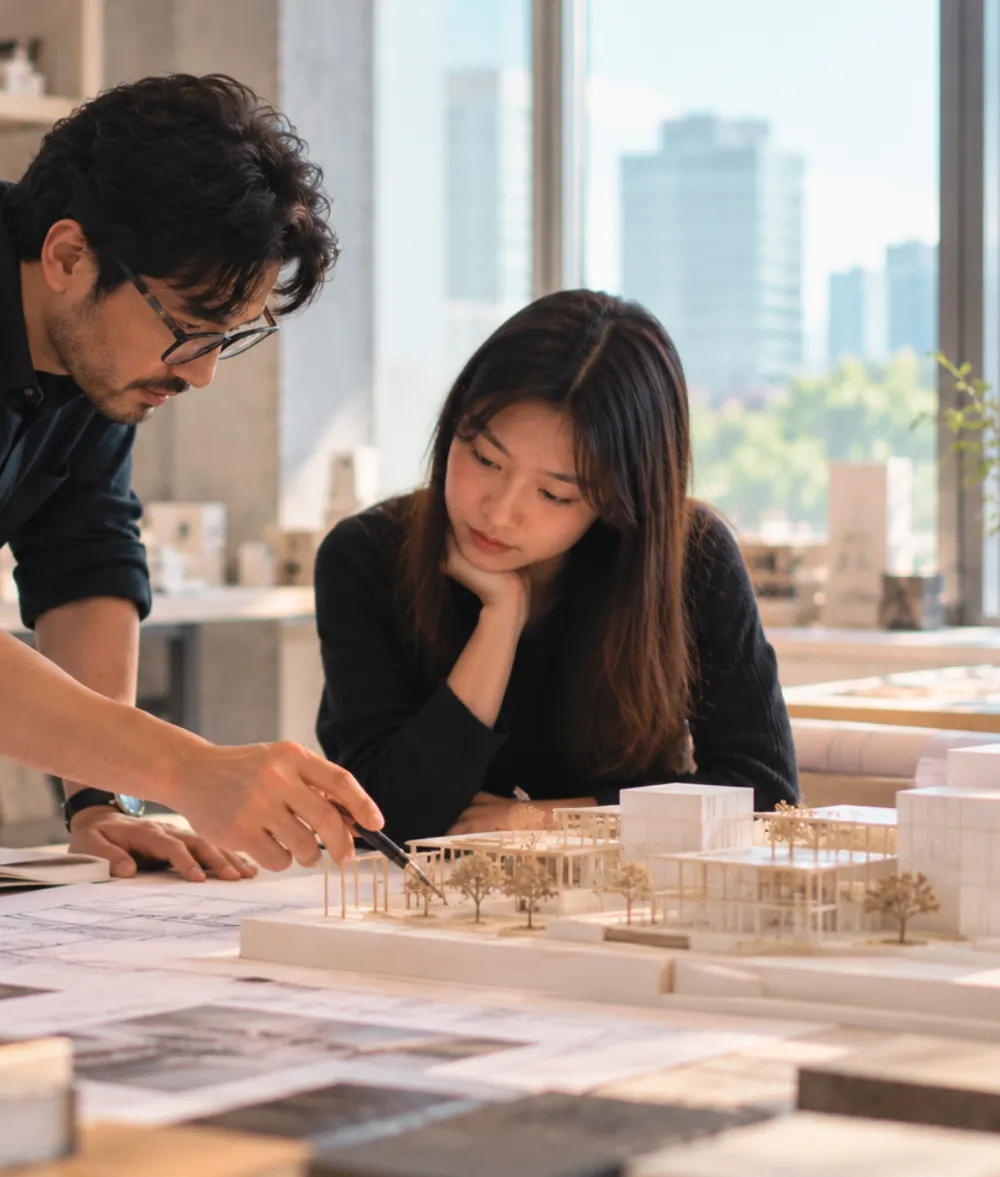 An architect and a student working on a building model