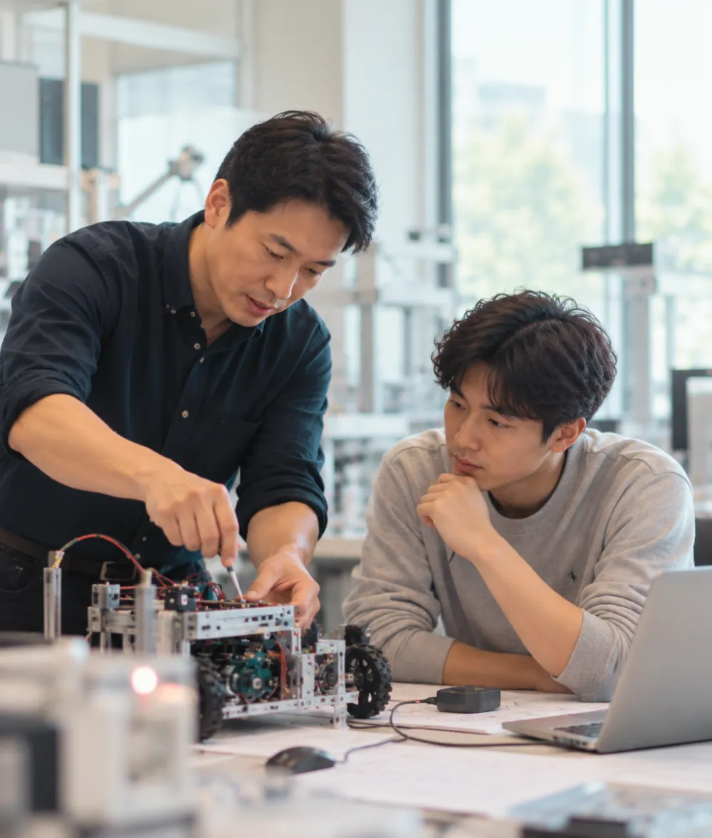 An engineer showing a student how to build an electronics project