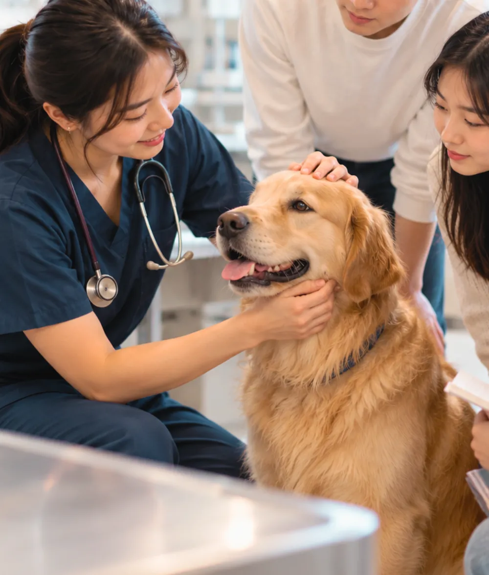 A vet and students with a golden retriever