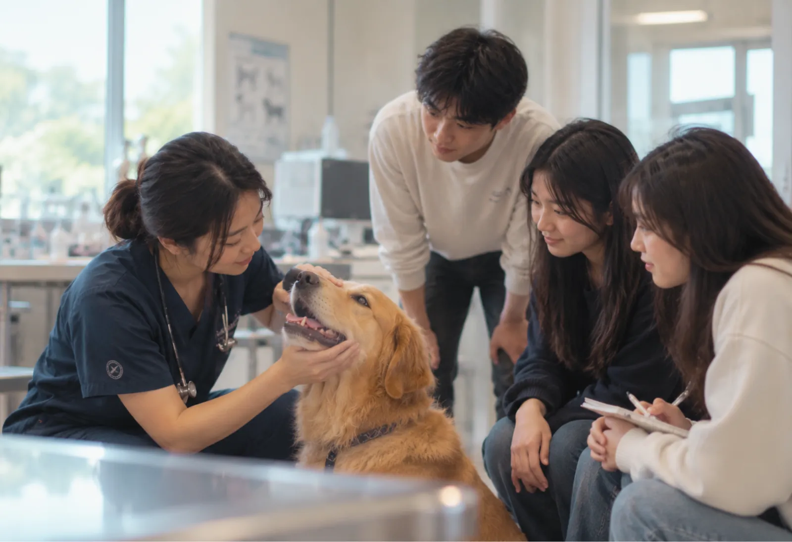 Students watching a vet with a golden retriever